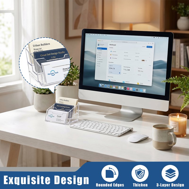 3-Tier Clear Acrylic Business Card Holder - Desktop Display Stand for Office & Reception