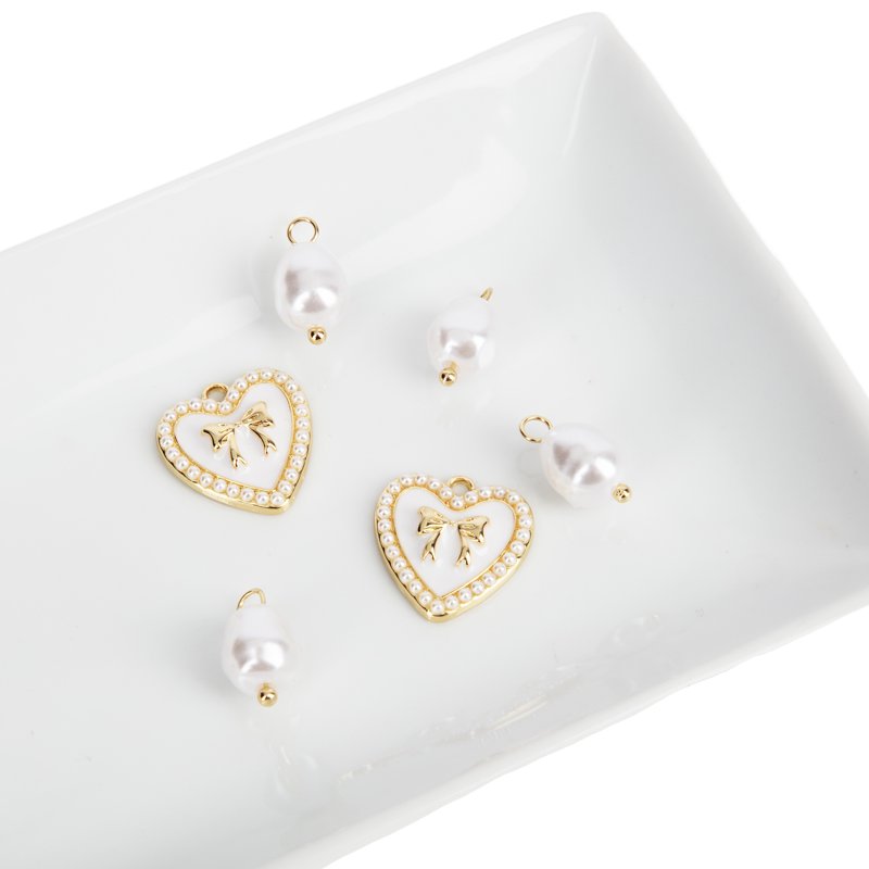 Gold Heart and Pearl Dangle Charms Set for Jewelry Making - Unisex 6 Pieces