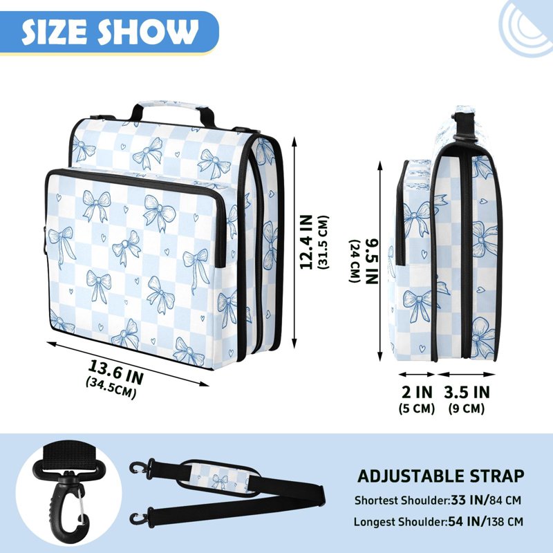 2 Inch 3-Ring Zipper Binder Folder Bag with Laptop Compartment - Blue Bow Checkered