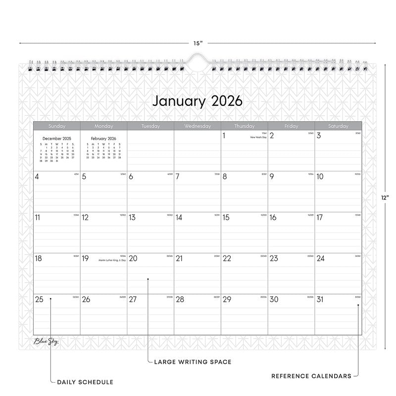 2026 Blue Sky Monthly Wall Calendar 15x12 Inches - January to December