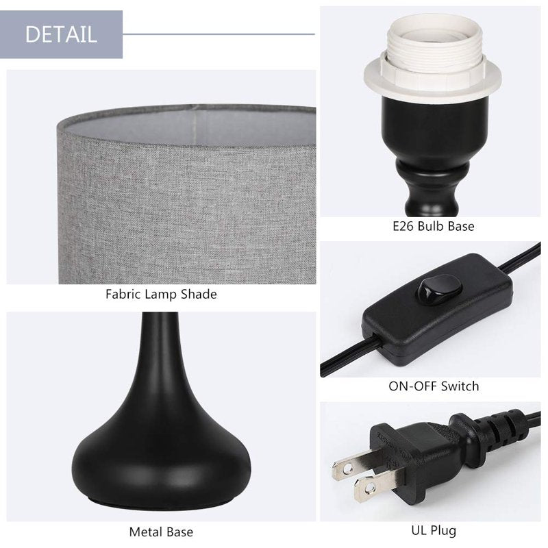 Set of 2 Modern Nightstand Lamps with Black Metal Base and Gray Fabric Shade