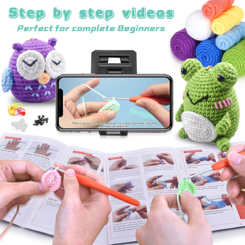 Beginner Crochet Kit with Yarn Hooks & Tutorials for Amigurumi Animals