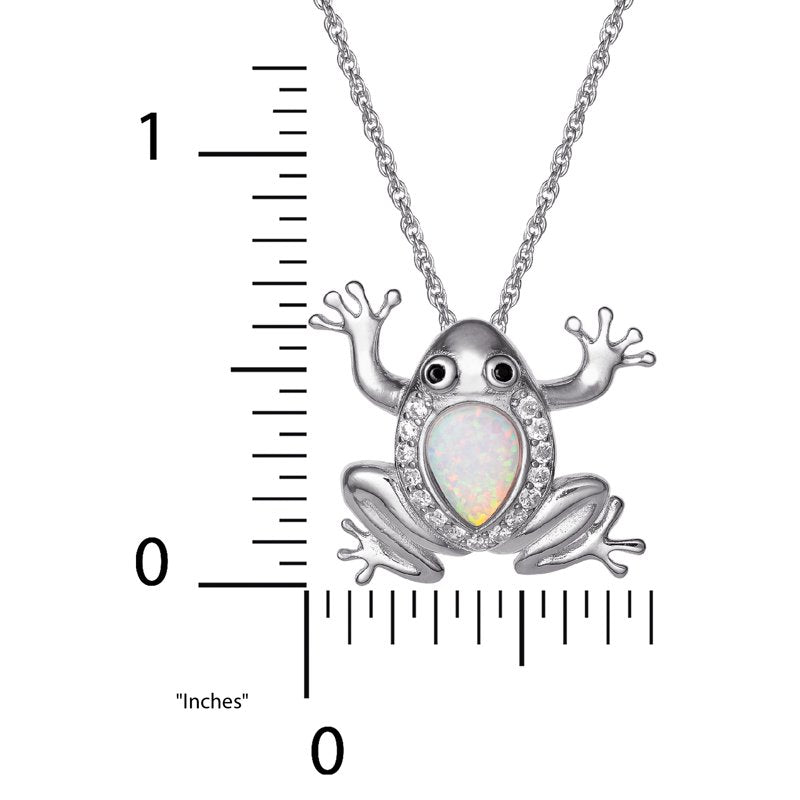 Women’s Sterling Silver Frog Pendant Necklace with Cubic Zirconia and Opal, 18-Inch Chain