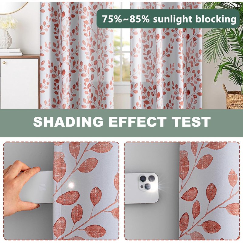 Thermal Insulated Room Darkening Leaf Curtains - 2 Pieces, 63 Inches Long