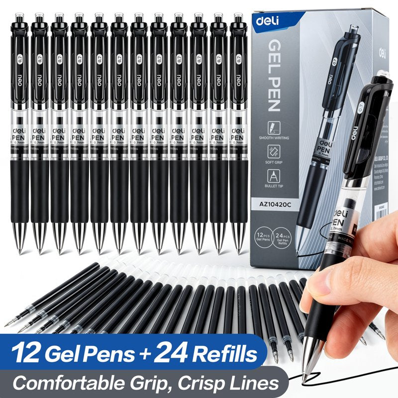 Deli Gel Pens 36 Pack, Black Ink, 0.7 mm Fine Point – Fast Dry, Refillable