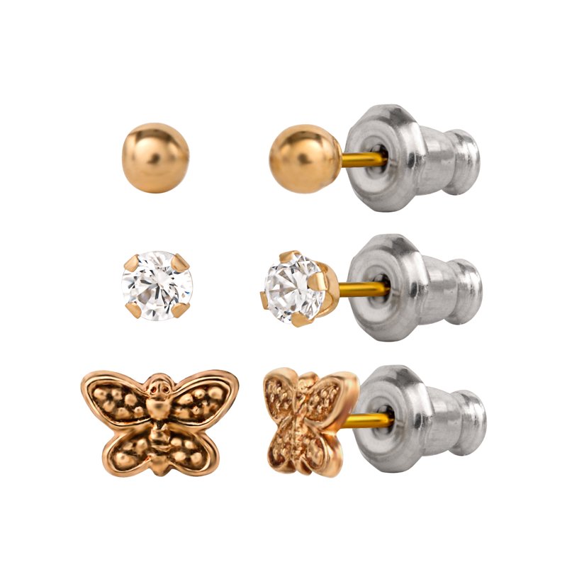 Women’s 14K Gold CZ, Ball & Butterfly Stud Earring Set - Hypoallergenic