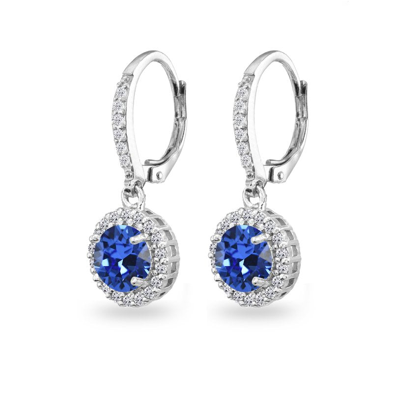 Sterling Silver Blue Halo Dangle Earrings with Swarovski Crystals