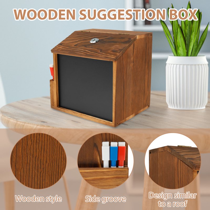Wood Suggestion Box with Lock & Chalkboard - Wall & Countertop Mountable Donation & Comment Box