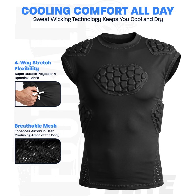 Adult Padded Football Shirt with Chest, Shoulder, Ribs & Spine Protection - Compression, Breathable & Flexible
