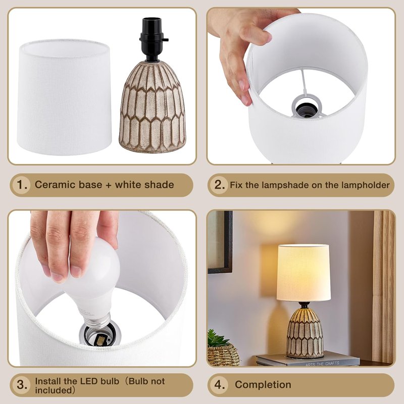 Small Ceramic Table Lamp Set - Rustic Farmhouse Boho Bedside & End Table Lamps