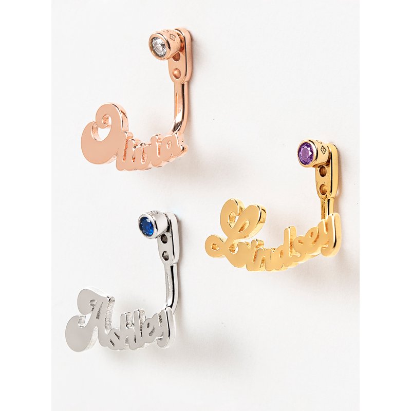 Personalized Birthstone Earrings with Name and Bubble Script - Gold, Silver, Rose Gold
