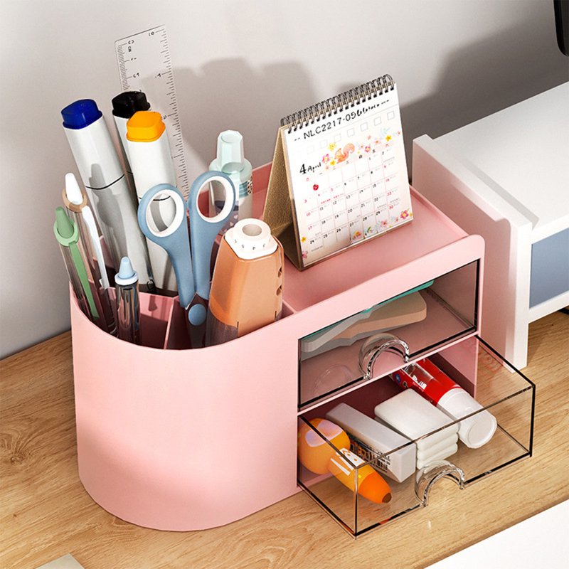 Desk Organizer with Drawer - Office Supplies & Stationery Storage Box in Pink