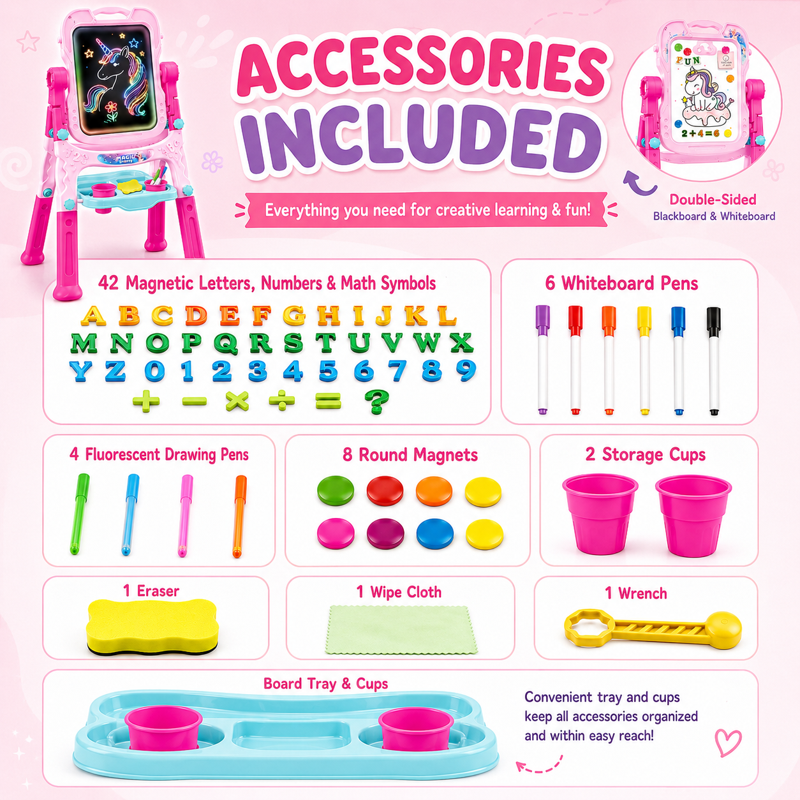 Kids Art Easel with Painting Accessories - Adjustable Double-Sided & Rotatable Pink