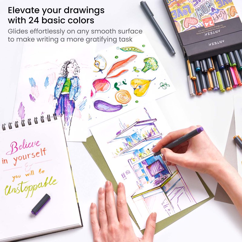 Felt Brush Tip Pen Set - 24 Vivid Colors for Drawing, Calligraphy & Art