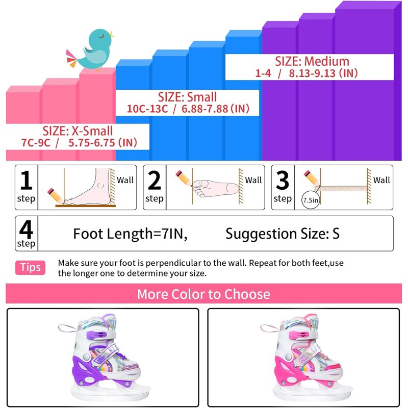 Adjustable Kids Ice Skates for Girls with Fleece Lining and Rainbow Design