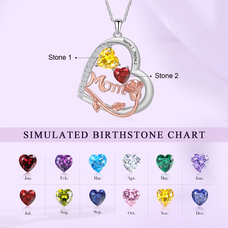 Personalized Heart Family Necklace with Birthstones for Women - Mother's Day Gift