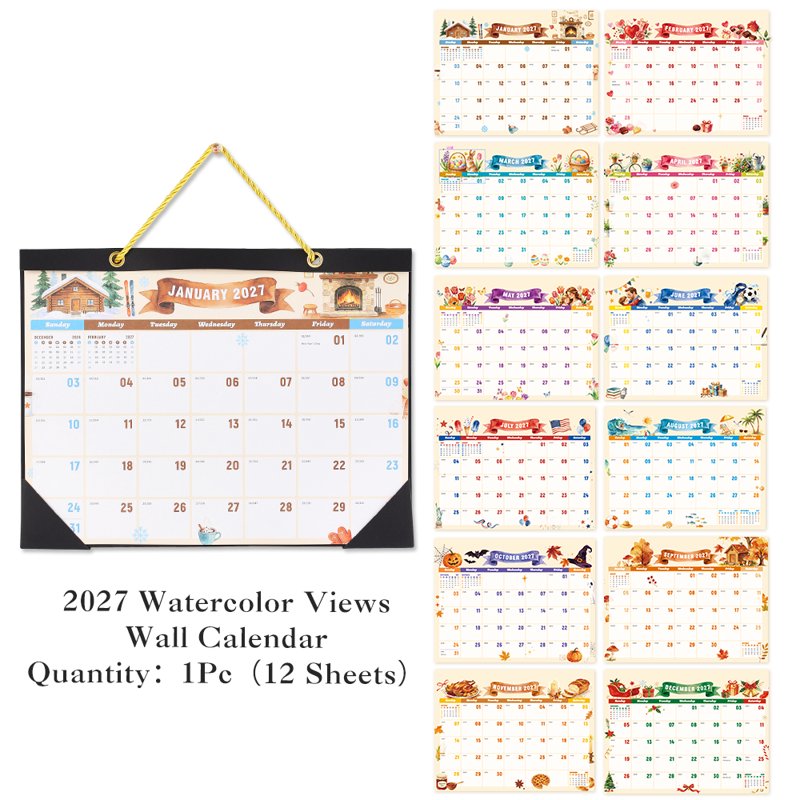 2027 Wall Calendar Planner - Large Monthly Home Wall Calendar with Watercolor Pattern