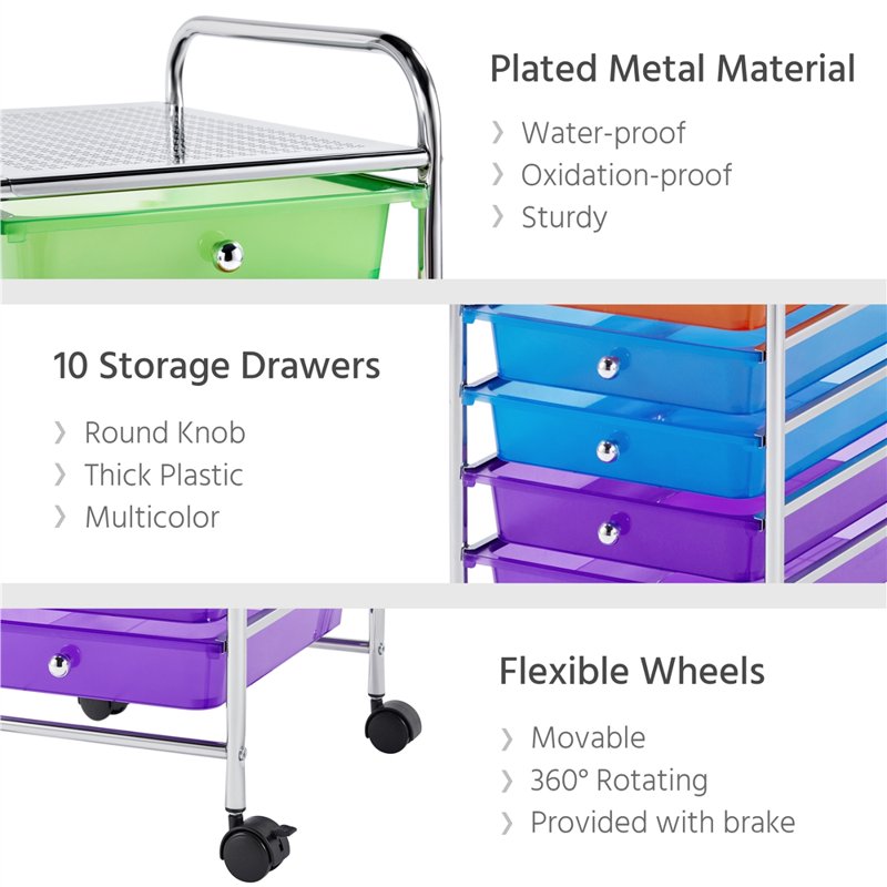 10-Drawer Rolling Storage Cart with Wheels - Multi-Color Home Office Organizer