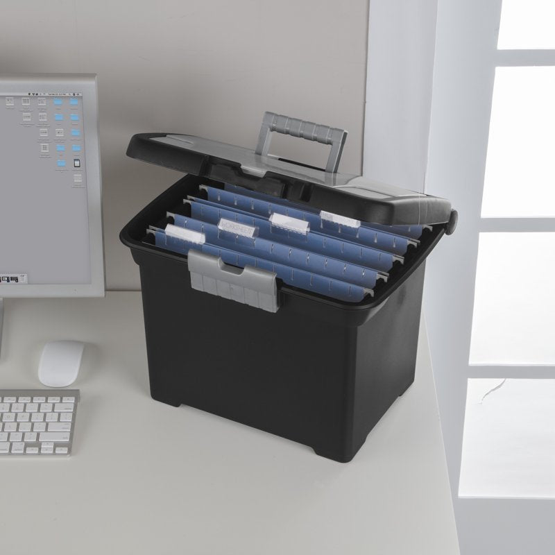 Portable File Box with Handle & Divided Lid for Letter-Sized Documents - Black
