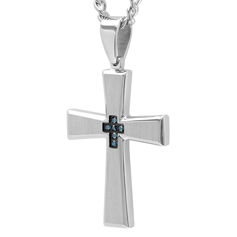 Mens Stainless Steel Cross Necklace with Blue Diamond Accents and Chain