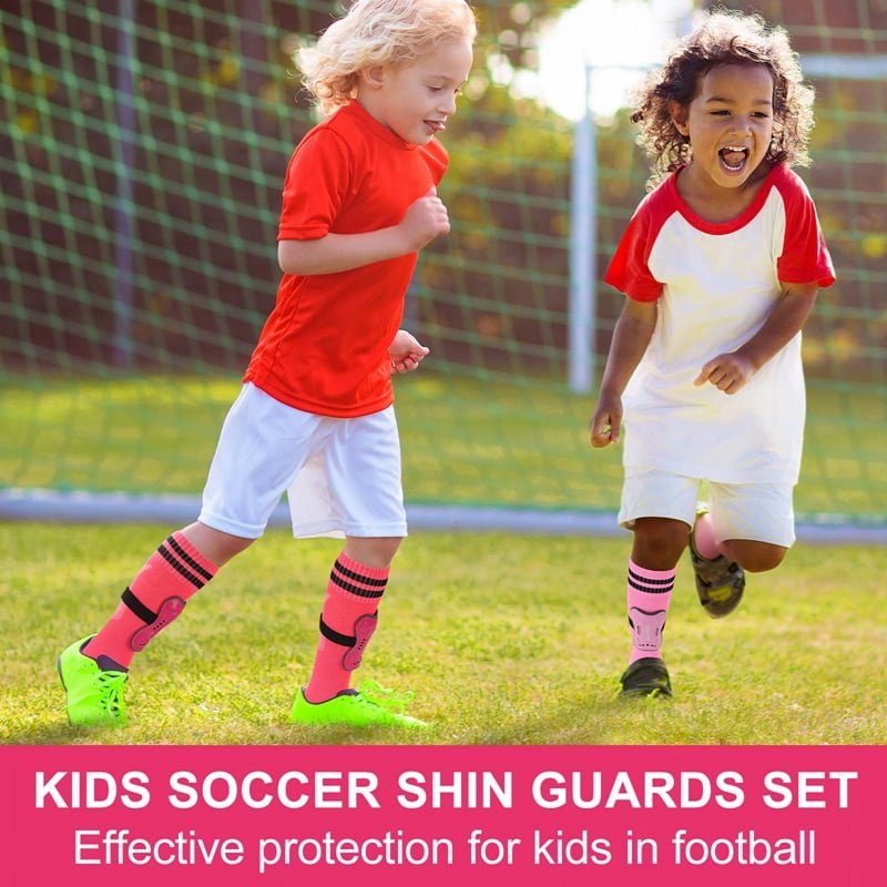 Shin Guards for Kids – 2 Pairs Soccer Protective Gear with Socks, Pink & Rose Variation