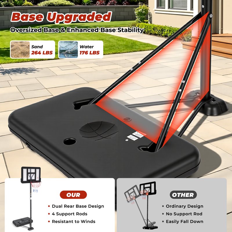 Portable Basketball Hoop with Adjustable Height & Stable Dual Rear Base - Family Size, Rollable Wheels