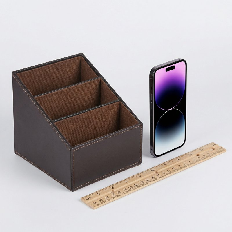 PU Leather Remote Control Organizer with 3 Compartments - Stylish TV Remote Caddy for Living Room and Desk