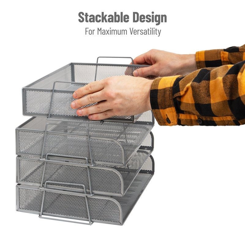 Stackable Desktop Organizer Tray Set - Metal Mesh File Holders, 4-Piece