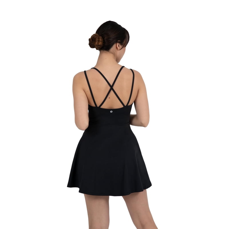 Women's Active Tennis Dress with Built-In Shorts & Supportive Straps - Black