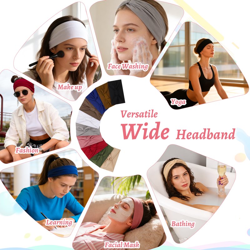 Wide Non-Slip Fashion Headbands for Women - 10 Pack Boho & Workout Styles