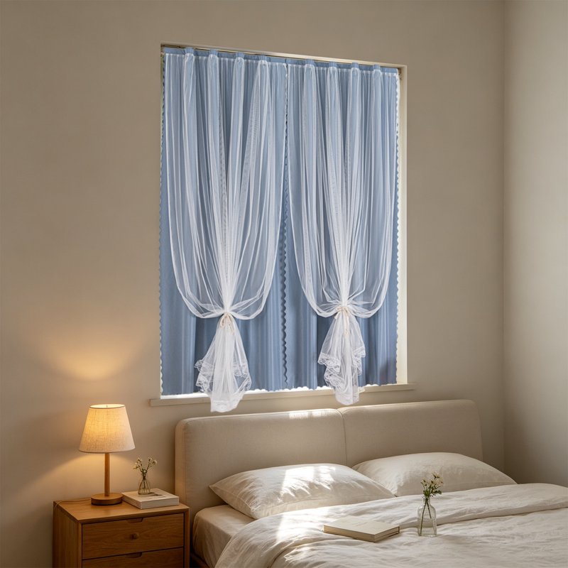 Double Layer Blackout Curtains Set of 2 with Sheer Overlay - Room Darkening, Thermal Insulated, Grommet Top, 47x54 Inches - Sky Blue