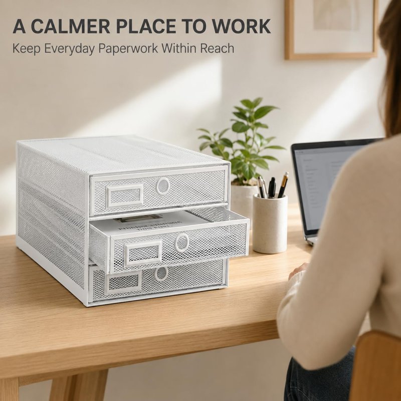 Wire Mesh Desk Organizer with 3 Drawers - Office Storage Solution
