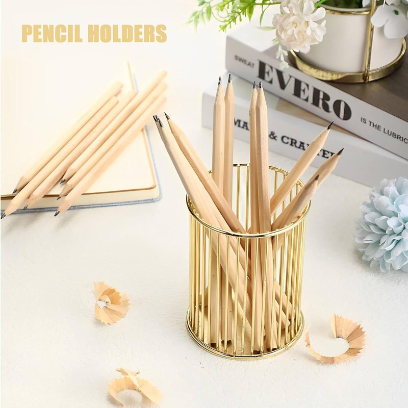 Gold Metal Pen Holder for Desk and Makeup Brush Organizer - Elegant Office & Vanity Accessory