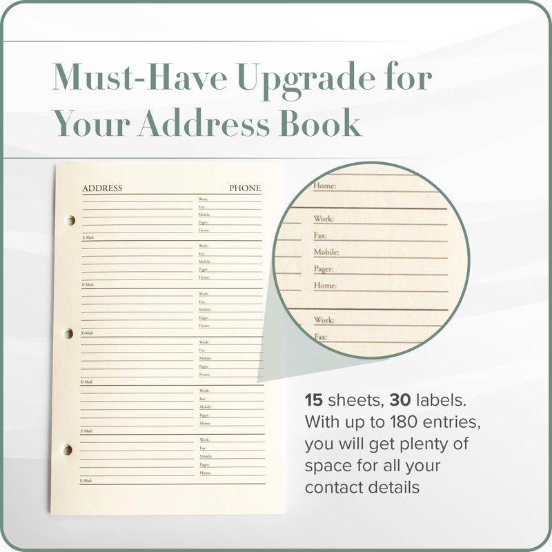 Address Book Refill Pages 5.5x8 Inches - 30 Pages for Contact Storage