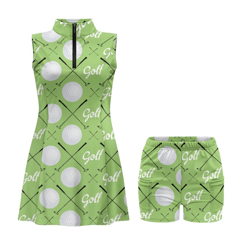Golf Ball Club Green Print Sleeveless Golf Dress Two-Piece Set with Built-In Shorts - 2XL