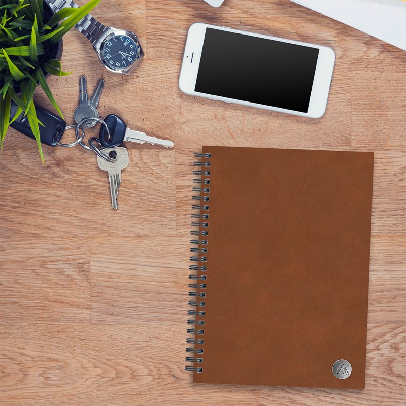 Tan Faux Leather Notebook 5.75x8.5 with Wire Binding, Travel-Friendly Journal