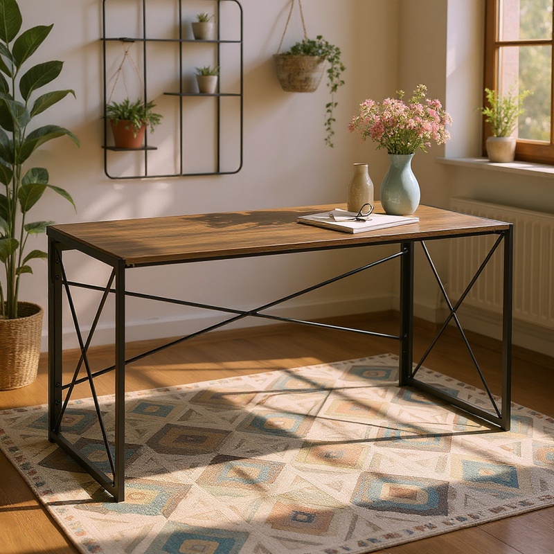 55-Inch Folding Craft and Work Table - Portable Rustic Wood Desk for Sewing, DIY, Home Office