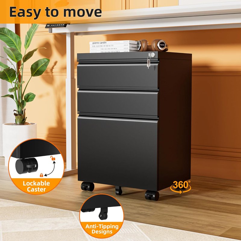 Mobile File Cabinet with Lock and Wheels - 3 Drawer Metal Storage for Office, Legal and Letter Sizes