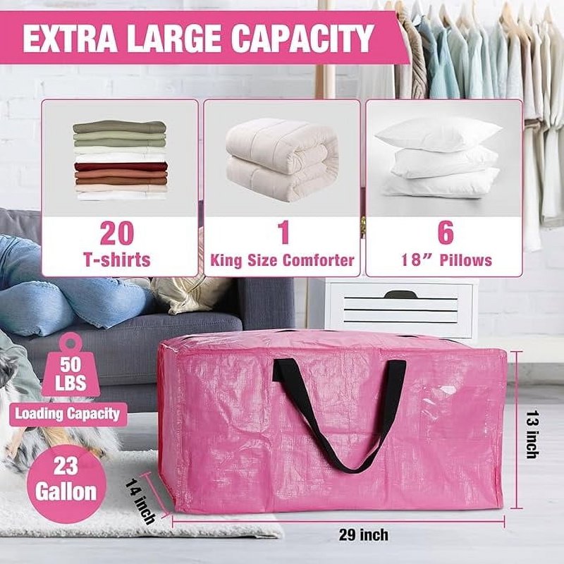 Heavy Duty Large Moving Storage Bags with Handles & Zippers for Packing, Dorm, Travel - Pink 87L