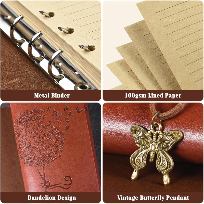 Refillable Leather Notebook Journal A5 Size with Ring Binder and Storage Pockets