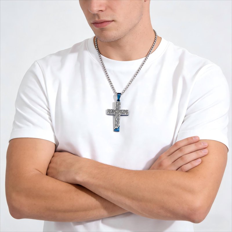 Men's Stainless Steel Cross Pendant Necklace with Cobalt Drip Design