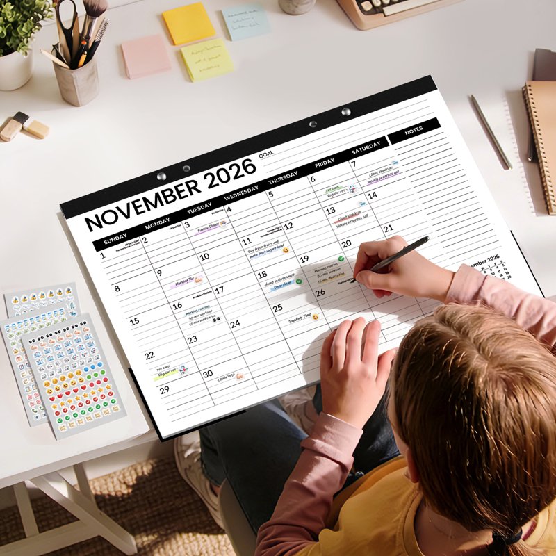 18-Month Desk Calendar 17x12 Inch with Notes & Stickers for Office & Home Planning
