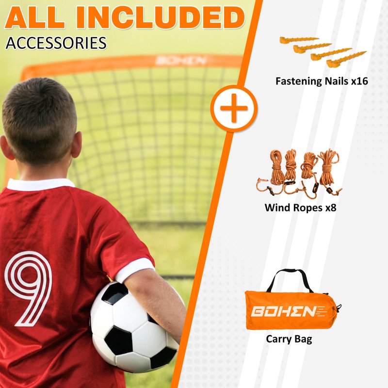 BOHEN 9x5ft Portable Soccer Goal - 2 Pack, Easy Fold, Carry Bag, Orange