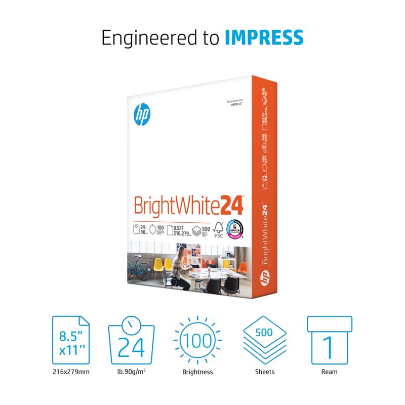 HP BrightWhite 24lb Printer Paper - 8.5x11 Letter Size, 500 Sheets