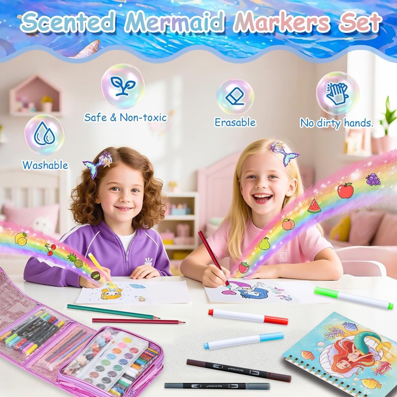 Kids Mermaid Art Set with Washable Markers and Stickers - Creative Craft Kit for Ages 3-12