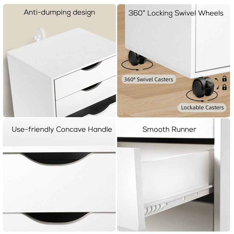 Mobile File Cabinet with Wheels, 5-Drawer Storage Organizer for Home Office and Living Room, Lockable Casters - White