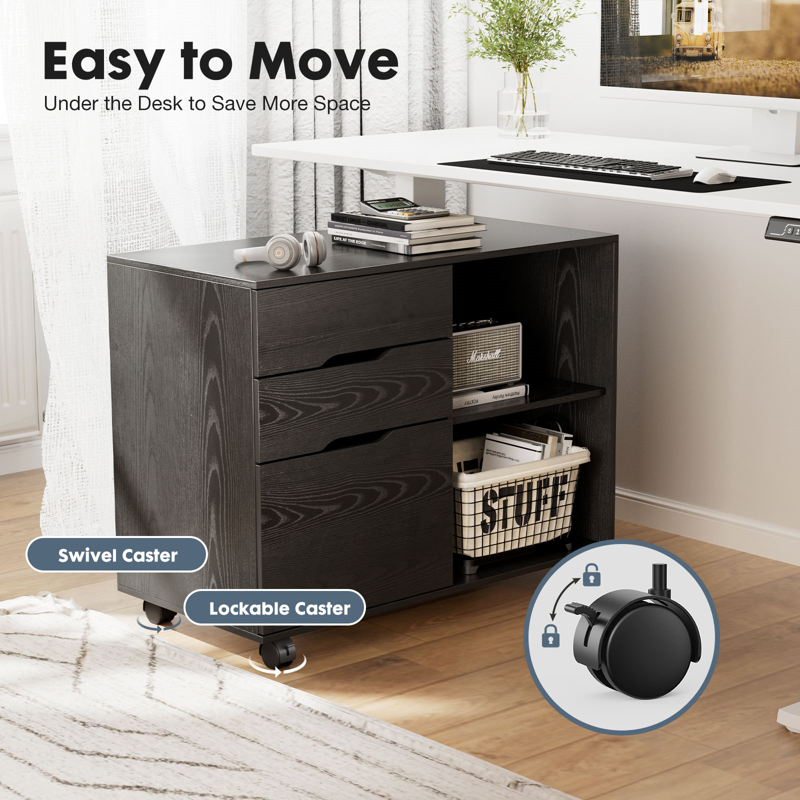 Black 3-Drawer File Cabinet with Wheels & Open Shelves for Office Storage