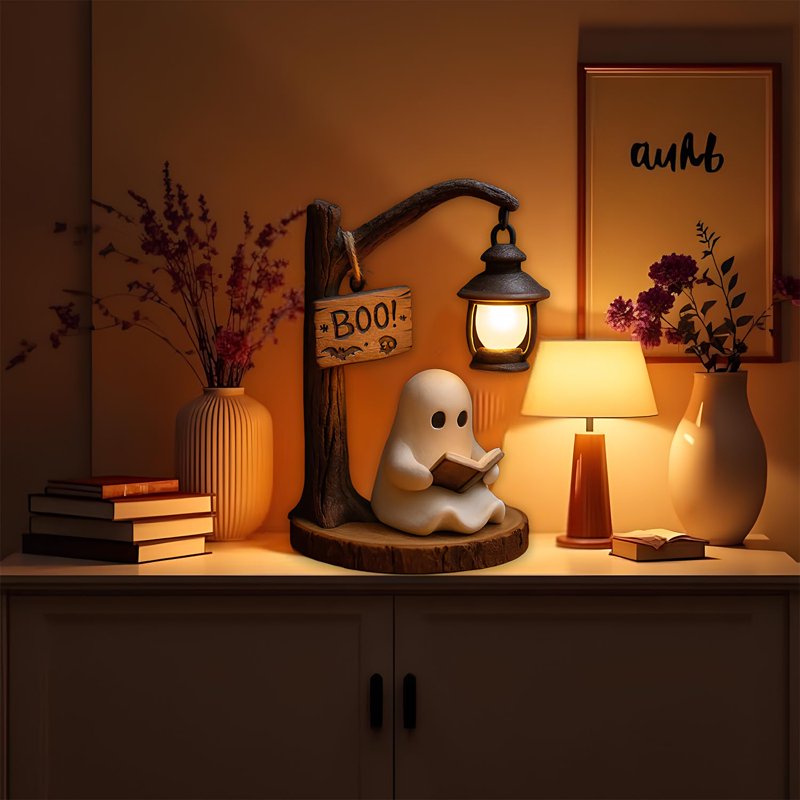 Cute Ghost Reading Book Lamp - 3D Resin Halloween Night Light Indoor Figurine
