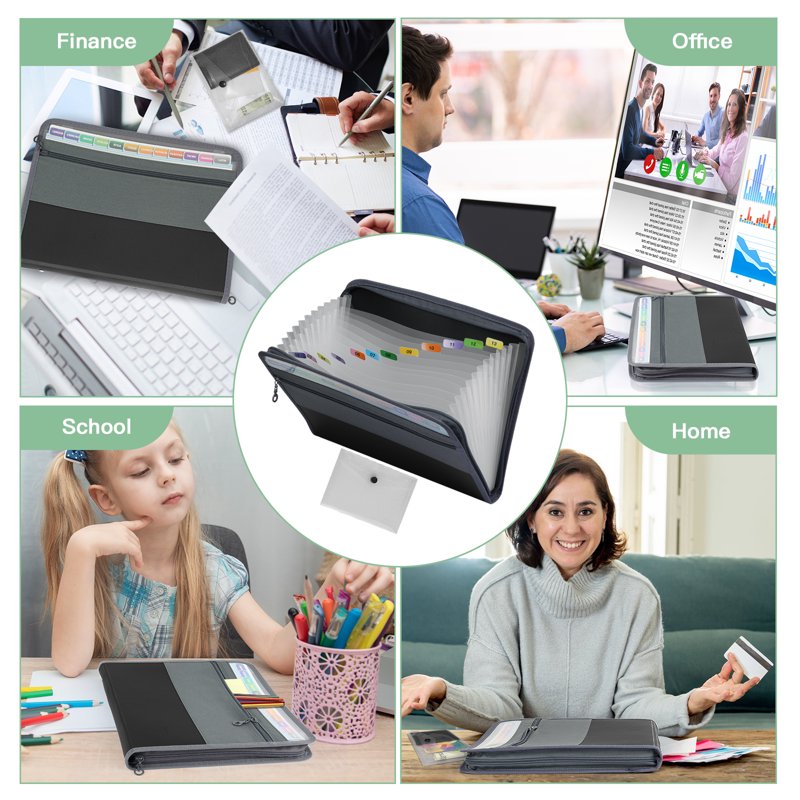 Accordion File Organizer with Zipper - 13-Pocket Waterproof Document Bag for Office & Home