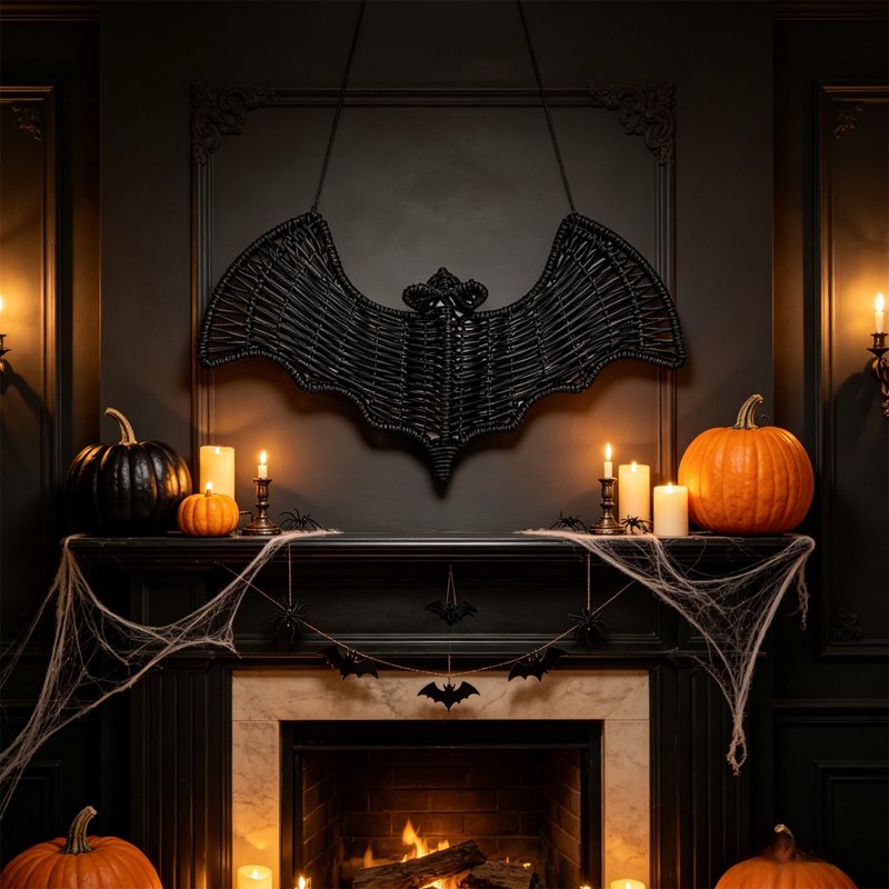 Woven Bat Wall Decor Halloween Hanging Ornament Black Rattan Indoor Outdoor Wall Art